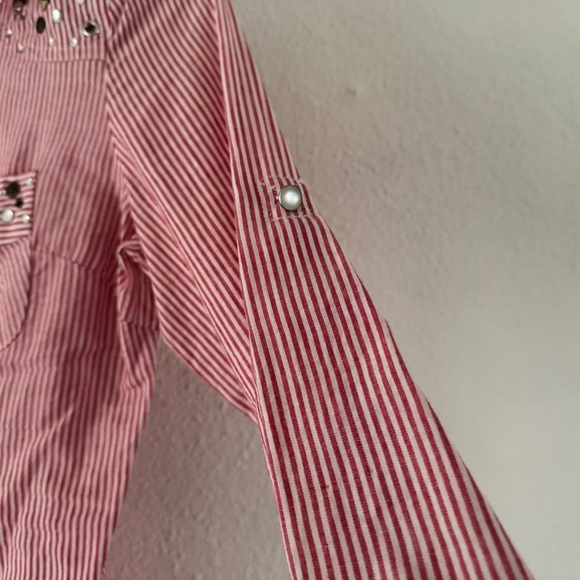 Cotton Button Poplin Collared Top Jewel Stud Gem Mixed Embellish Roll Tab Small - Picture 5 of 13